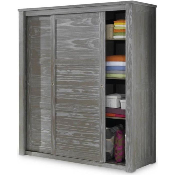 Armoire 2 Portes Coulissantes Bois Massif Gris Gabriel L 180 X L 64 X H 202