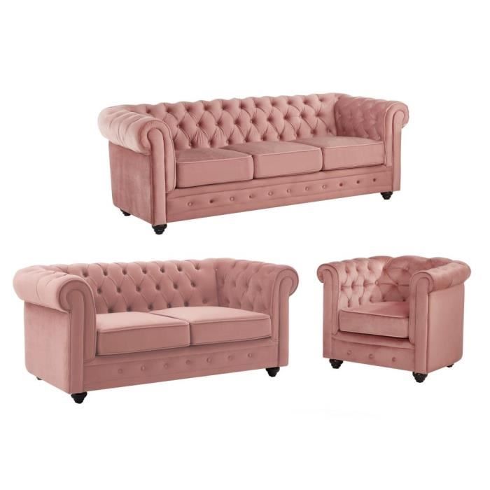 canapés 3 places et 2 places et fauteuil en velours rose pastel chesterfield