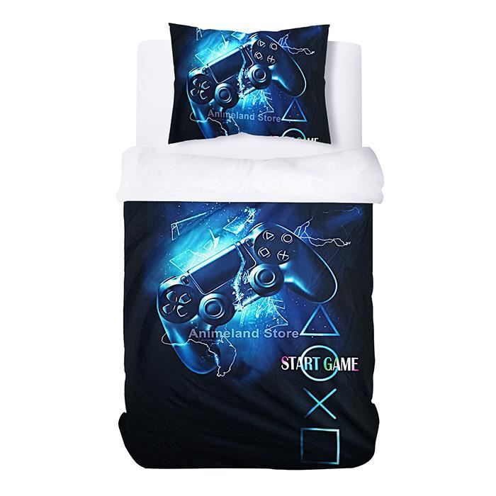 Housse de Couette Gamer Garçon 140x200cm Bleu & Noir