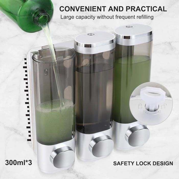 Lot De 3 Distributeurs De Savon Sans Perçage - Fixation Murale Pour Salle De Bain