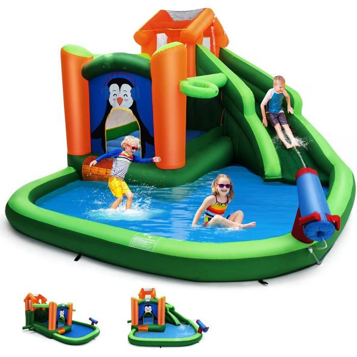 Château aquatique gonflable avec souffleur, parc aquatique multifonctionnel + parc de trampolines pour enfants, toboggan aquatique, souffleur 450W