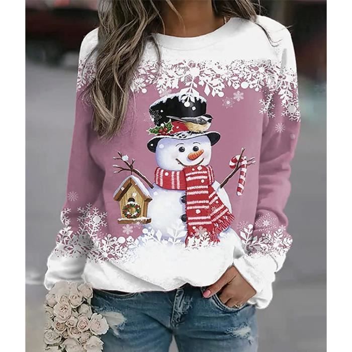 SWEATSHIRT Pull Noel Femme Manches Longues Col Rond Rigolo Noel Pull Christmas Moche Sweat Multicolore Imprime Bonhomme de Neige Rose Cdiscount Pret a Porter