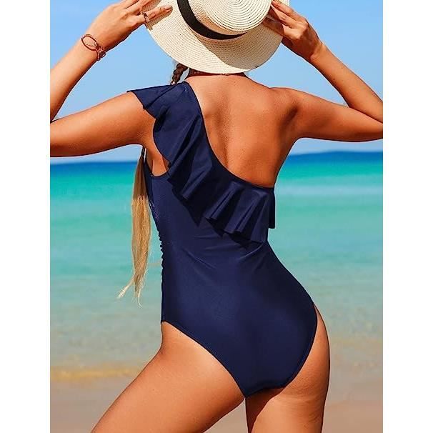 Maillots de Bain 1 Piece Femme Volant Dos Nu Bikini Rembourre Push Up Taille Haute Maillot de Bain Elegant Amincissant Bikini Bleu