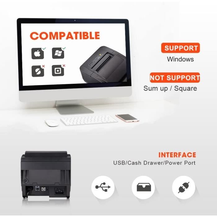 MUNBYN Imprimante thermique pour reçus de point de vente, imprimante  filaire USB avec coupeur automatique et port de tiroir-caisse pour commerce  de détail, prend en charge Windows (interface USB uniquement) 80 mm 