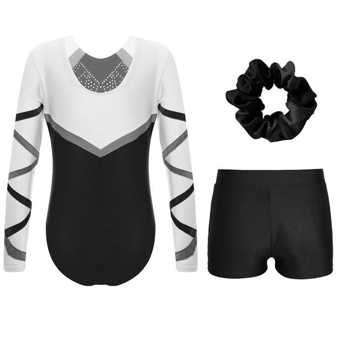 Justaucorps Gymnastique Femme Strass + Short - Tenue Danse Patinage Gym S-XXL, Manches Longues