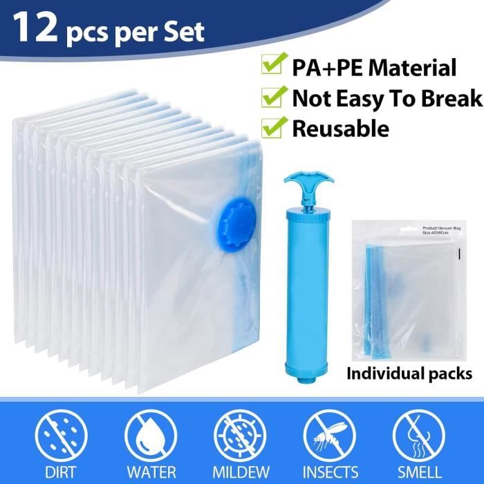 Chuner Lot de 12 Sac Sous Vide Vetement Aspirateur 60x40cm Housse de Rangement Sous Vide Reutilisable Sac Compression Voyage av16 Cdiscount Maison