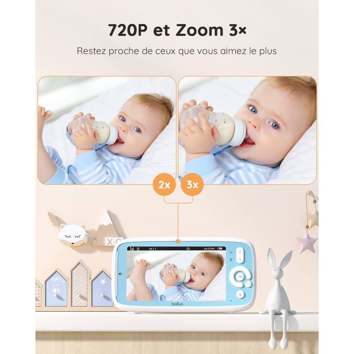 OBVHNUA Babyphone Camera 5 Pouces 720P HD - Caméra Bébé Sans WiFi Vision Nocturne, Zoom, VOX Et Communication Bidirectionnelle