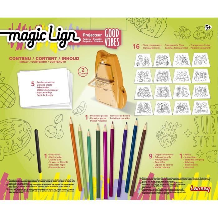 Lansay - Magic LIGN - Proiettore Good Vibes - Kit di Disegno per riprodurre 50 Illustrazioni - per Bambini dai 5 Anni - Imparare a disegnare - Proiettore Portatile - Tempo Libero Creativo