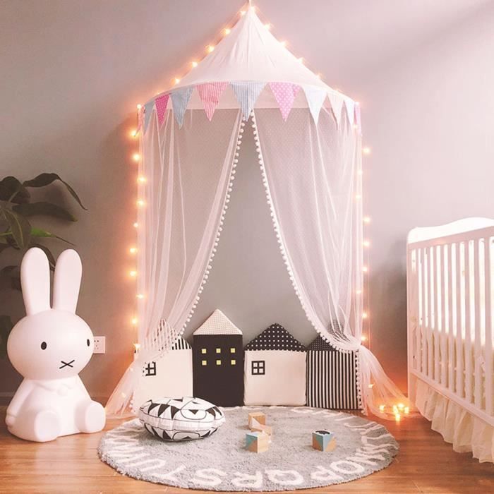 Ciel De Lit Enfant Avec Filet Et Volants – Tente Ronde Suspendue Pour Coin Lecture Ou Jeu (coton, Beige) – Déco Chambre Douce