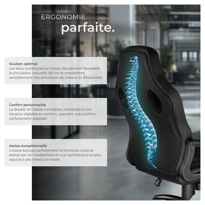 Gaming Chair Chaise De Bureau Ergonomique TecTake - Fauteuil Pivotant Avec Accoudoirs Rabattables, Appui-Tête - Noir Hauteur Réglable Dossier Inclinable