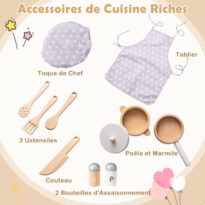 ROBOTIME Cuisine en bois rose crème pour enfants avec tablier, gant
