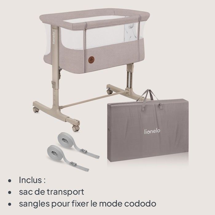 Lit bébé cododo 3en1 LIONELO Aurora - Réglable en hauteur et inclinaison - Matelas et sac inclus - Gris