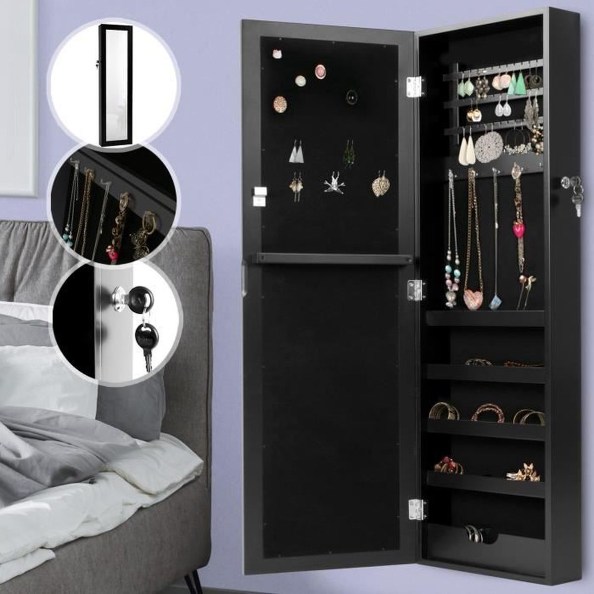 Armoire à Bijoux avec Miroir Murale, Verrouillable, 31 x 106 x 9 cm