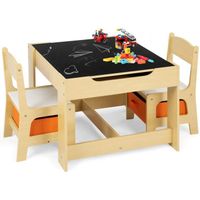 GOPLUS Table Enfant et 2 Chaises -Table Double Face avec Tableau Noir-Table d'Activité Chaises Rangées sous Table-Naturel