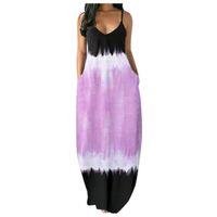 Sasaquoy Mode Femmes Casual Plus Size Print V-Neck Poches À Manches Courtes Robe Longue Violet
