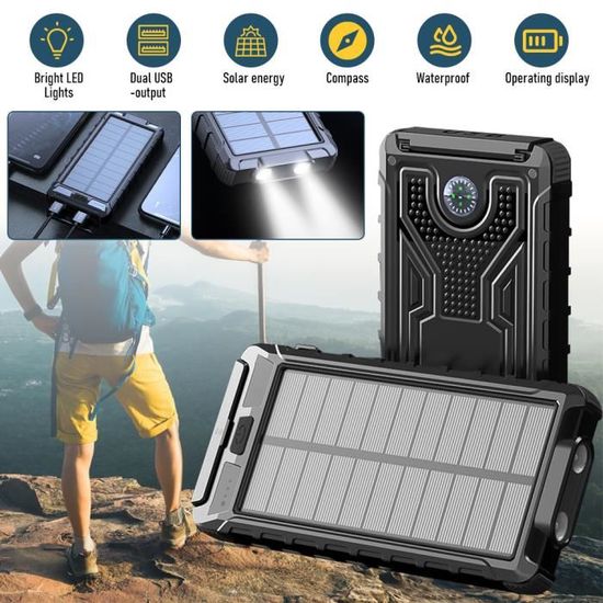 Chargeur Solaire Riapow 27000mAh - Batterie Externe Portable Avec Panneau Solaire Et 3 Câbles Inclus