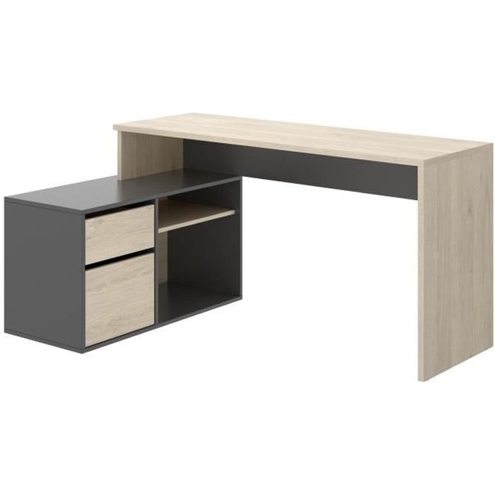 Bureau d'angle reversible 1 tiroir + 1 porte - Décor chêne et gris - L 139 x P 92 x H 75 cm - ROX