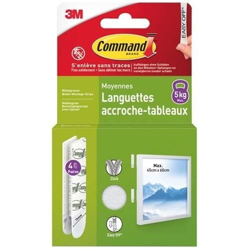 3M Languette accroche-tableau - Adhésive - Auto-agrippante - Moyen modèle - Supporte 5 kg - Lot de 4