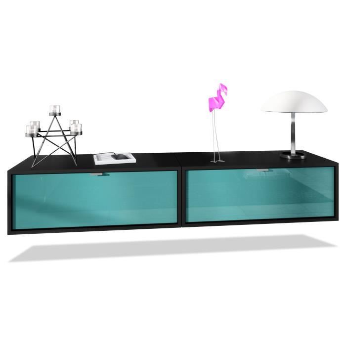 Ensemble de 2 set meuble TV Lana 80 murale lowboard 80 x 29 x 37 cm, caisson en noir, façades en Turquoise haute brillance