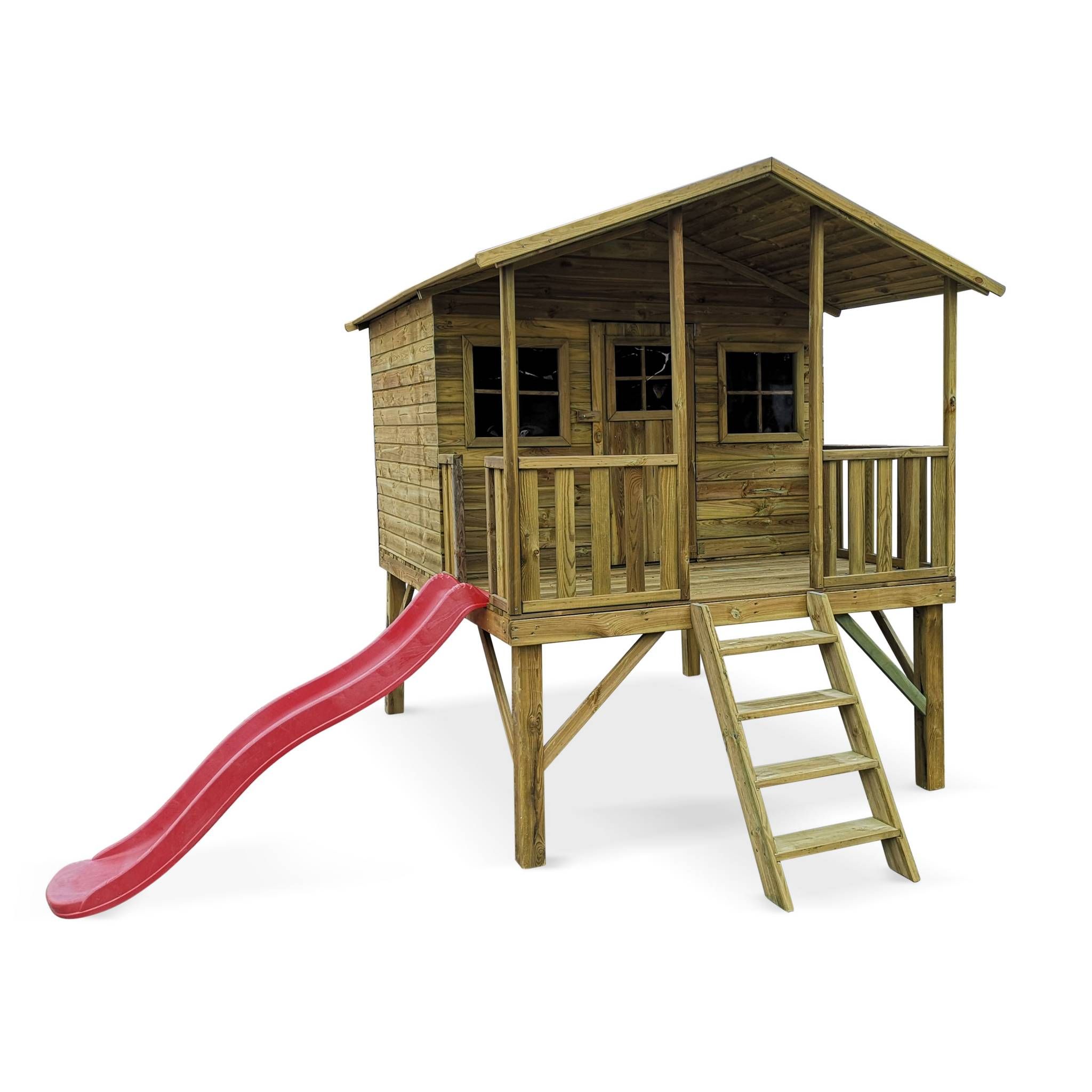 Maisonnette avec toboggan en bois FSC de 4,5m², Pivoine - cabane sur pilotis en pin autoclave, terrasse