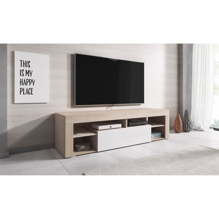 TV Meuble HI-FI Armoire Titan 140 cm Corps Chêne / Avant Blanc Brillant