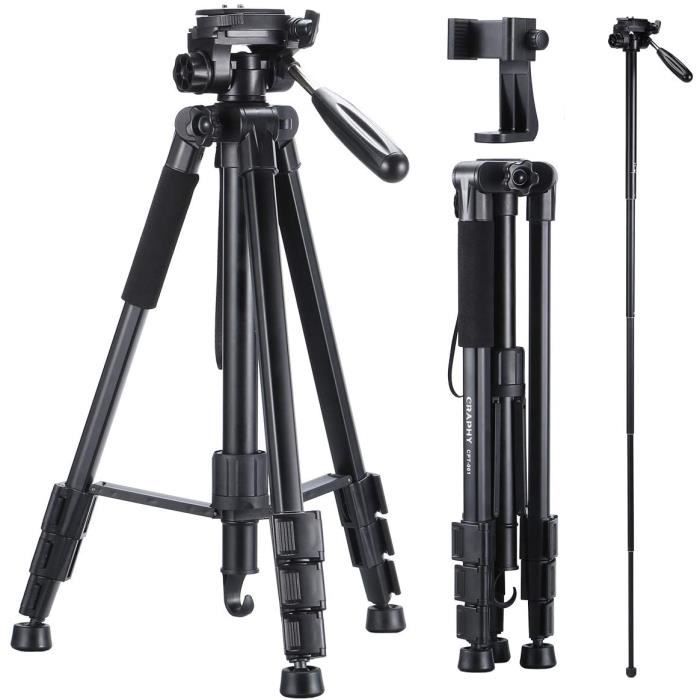CRAPHY Trépied Appareil Photo, 165cm Trépied en Alliage d'aluminium Monopode Portable avec Vis de Montage 1/4- Tête Pivotante à 3 Di