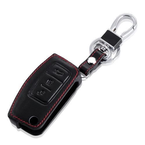Coque clé,VCiiC housse en cuir pour voiture Ford Fiesta Focus 2 Ecosport Kuga, étui pour clé télécommande pliable à 3 - Type Black