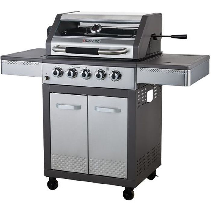 Brasero - Barbecue à gaz NOA Pro 5 Feux - 3 brûleurs - 1 brûleur arrière + 1 Side - 1 Kit Rôtisserie - FlexiGrill null Gris Et Noir