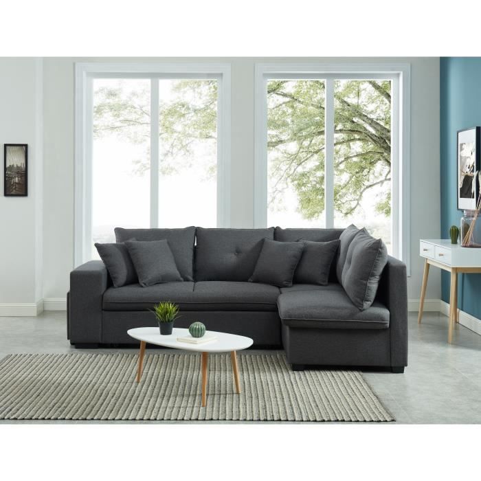 DAVENPORT Canapé d'angle droit KOSELIG 4 places tissu anthracite et gris clair + table basse