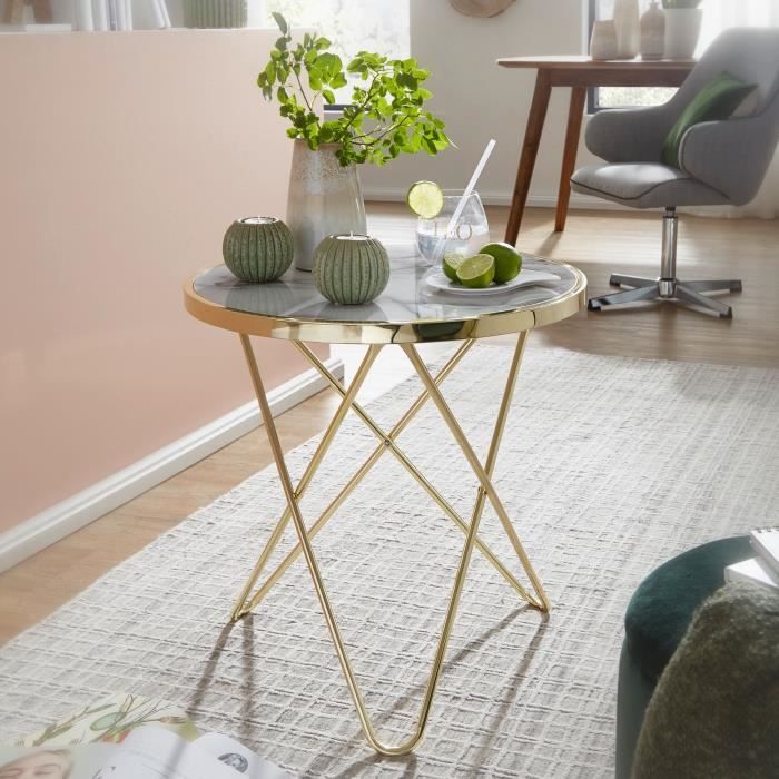 FineBuy Table d'appoint Rond 55 x 57 x 55 cm Aspect Marbre Blanc Or Table Fleurs
