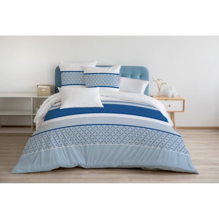 Housse de Couette 3 Pièces - 100% Coton 57 Fils - 2 Personnes 240x260 cm - BONUS Bleu classic Blanc