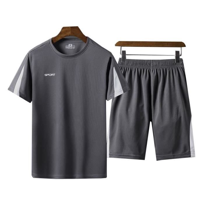 Ensemble de Sports Homme T-Shirt Grand Taille Manches Courte+Shorts Taille Élastiquée Vêtements Homme de Running-Fitness