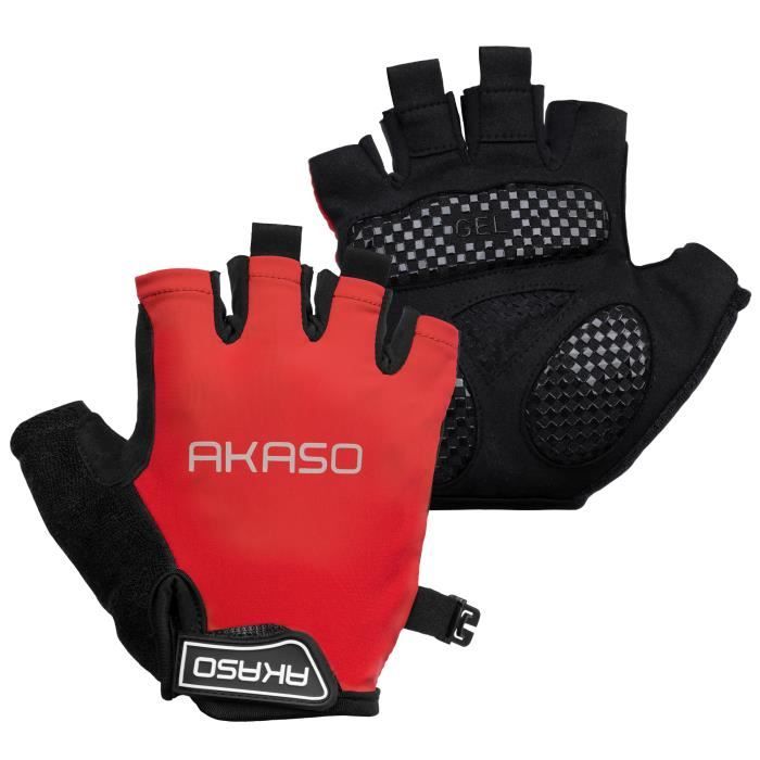 AKASO Gants de cyclisme gants de vélo demi-doigt absorbant les chocs anti-dérapant respirant vtt DH pour hommes / femmes Rouge