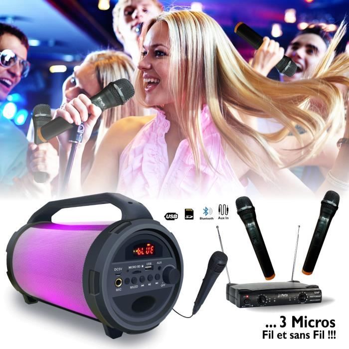 Enceinte Karaoke sur Batterie Party-Tubeled Eclairée Sans fil - 2 Micros sans fil - 1 Micro filaire - Soirée Anniversaire enfant