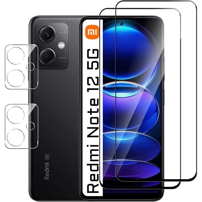 2 Pièces Verre Trempé pour Xiaomi Redmi Note 12 5G / Poco X5 5G avec 2 Pièces Caméra Arrière Protecteur ,9H Dureté, Sans Bulle