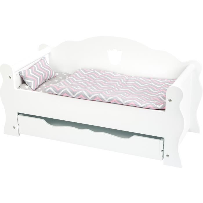 Legler Small Foot 12024 Lit Poupée Blanc en Bois avec Tiroir et Accessoires Peut également être utilisé comme Canapé pour Les