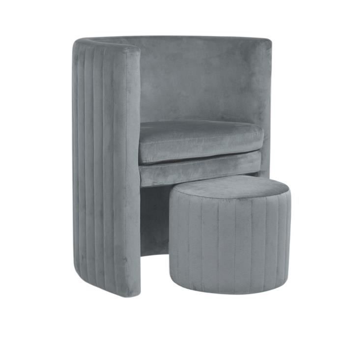 Fauteuil avec pouf en velours vintage Cabriolet - Gris