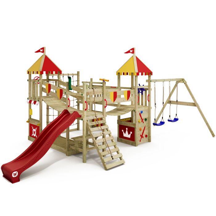 WICKEY Aire de jeux Portique bois Smart Queen avec balançoire et toboggan rouge Maison enfant extérieure avec bac à sable