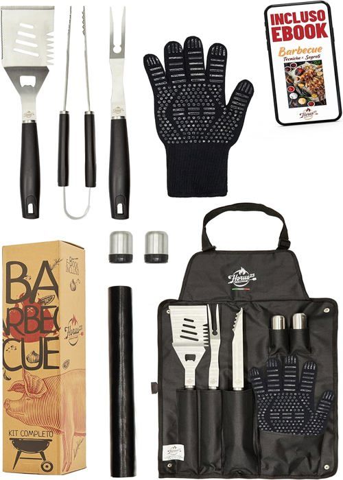 Kit Barbecue 5 Ustensiles Acier Inox + Tablier - Pince, Fourchette, Spatule, Pinceau, Décapsuleur
