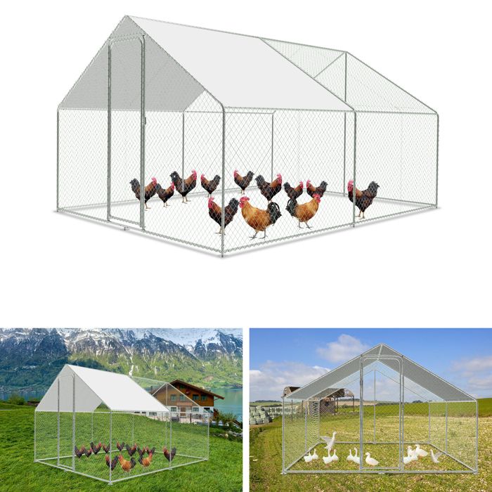 Meilleurs prix pour Riossad Enclos Poulailler - Grand Enclos Poule Oie Métal Bâche Imperméable Toit Pointe 3x3x2m pour la volaille POULAILLER