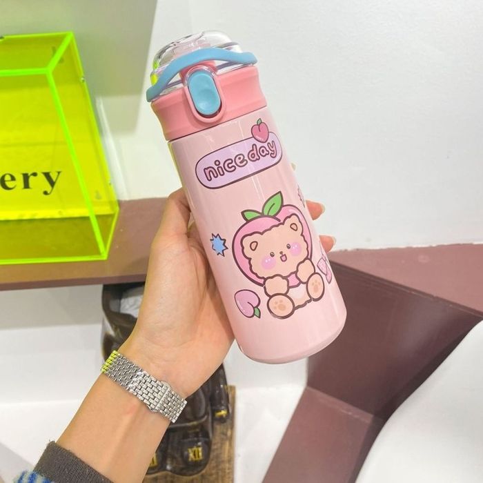 Gourde Bouteille dEau Thermos Portable avec Paille pour Enfant Tasse Thermique en Acier Inoxydablerose 480ml