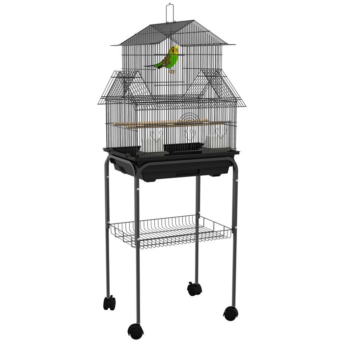 Meilleurs prix pour Cage à oiseaux - PawHut - design maison - mangeoires perchoirs 3 portes plateau excrément amovible - 50,5 x 41 x 121 cm -noir
