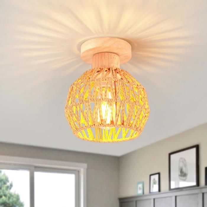 iDEGU Plafonnier Industriel Vintage 15cm Lustre Abat-jour en Rotin Brun E27 Lampe de Plafond Design Cage pour Salon Chambre