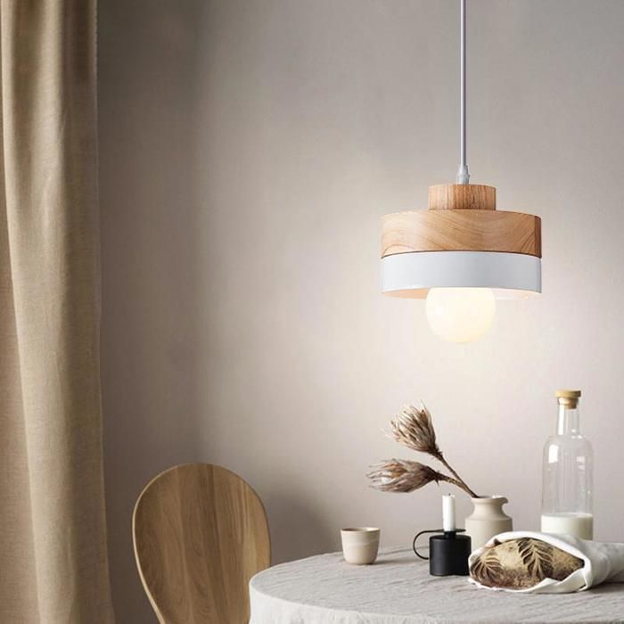 WOTTES Suspension en Bois et Métal - Blanc 1pcs - Ø18*10cm - E27 - Design rétro Rond - Éclairage intérieur Lustre Cuisine Salon