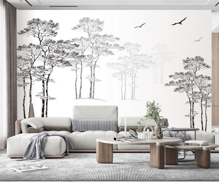 Wallpaper Papier Peint Panoramique Croquis Arbre Abstrait Noir Et Blanc ...