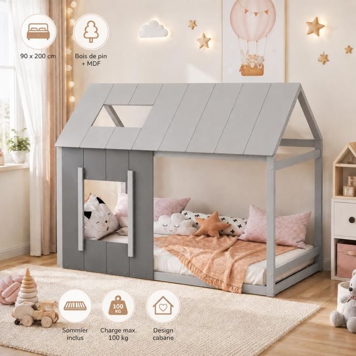 Lit Cabane 90x200 cm Lit Enfant en Forme de Maison Lit Plat à Une Place avec Toit et FenêTre Gris Foncé + Gris Clair