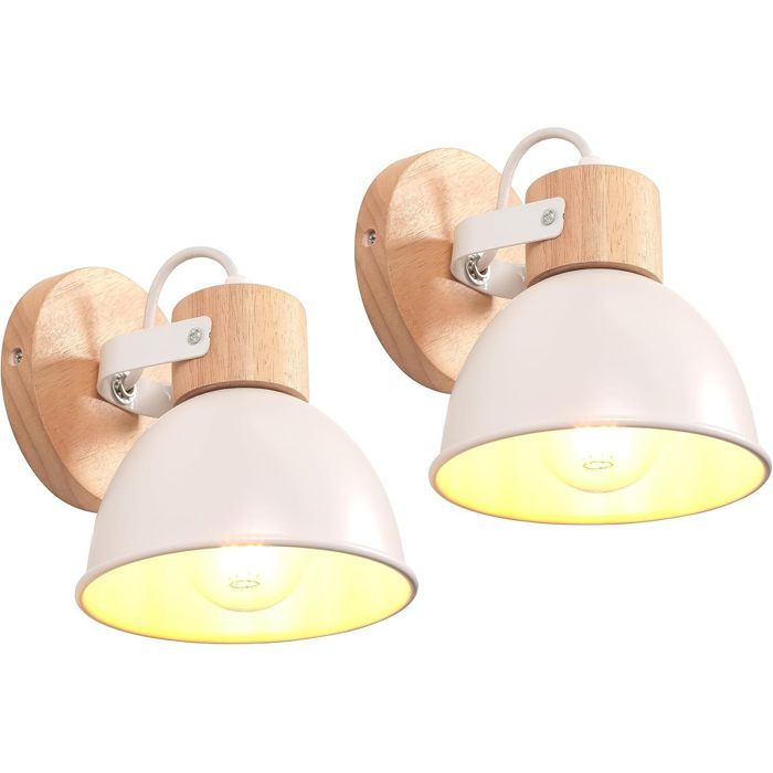 iDEGU 2x Applique Murale Industriel Spot LED 15cm Retro Lampe Murale Intétrieur en Bois Fer Design Vintage Luminaire Réglable Blanc