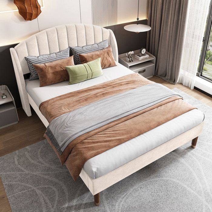 Lit Capitonné Beige 140x200cm avec Sommier à Lattes en Bois - avec Tête de lit pour Adolescents Velours Beige (sans Matelas)