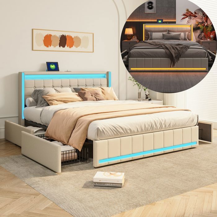 Lit Double 140x190 Avec 4 Tiroirs, LED RGB Et Ports USB – Sommier à Lattes, Tête De Lit Rangement – Design Moderne En Lin, Charge 300kg