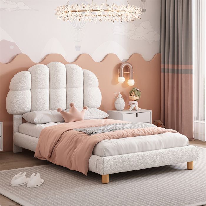 Lit enfant rembourré 90 x 200 cm blanc avec sommier à lattes bois – 1 place charge max 150 kg